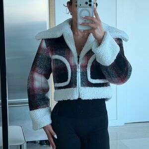 Lovers + Friends Plaid Teddy Jacket in Red and Cream